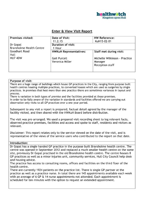 Dr Gopel, Bransholme Health Centre